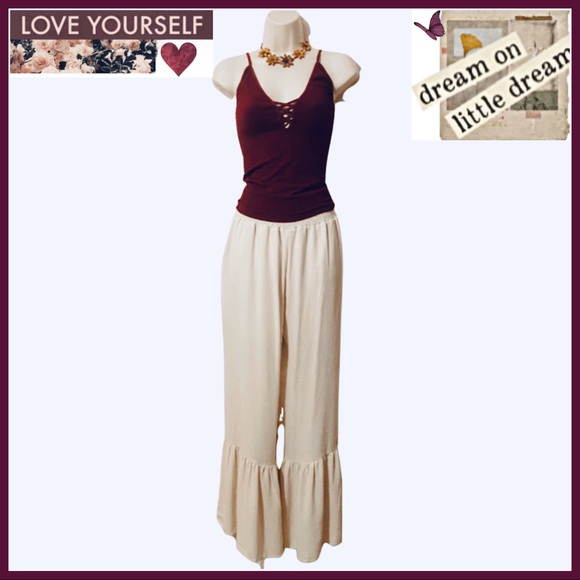 CREAM SMOCKED HIGH WAIST RUFFLED WIDE-LEG BOHO PANTS - Picture 4 of 6